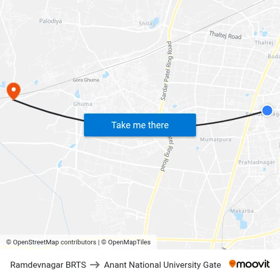 Ramdevnagar BRTS to Anant National University Gate map