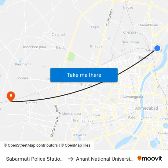 Sabarmati Police Station BRTS to Anant National University Gate map