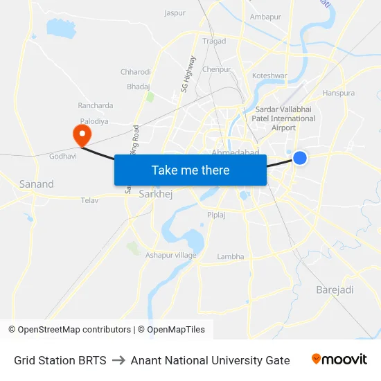 Grid Station BRTS to Anant National University Gate map