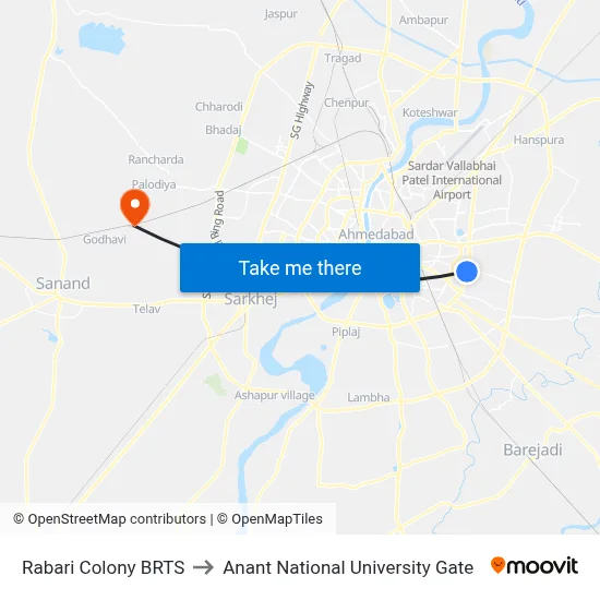 Rabari Colony BRTS to Anant National University Gate map