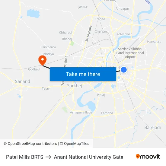 Patel Mills BRTS to Anant National University Gate map