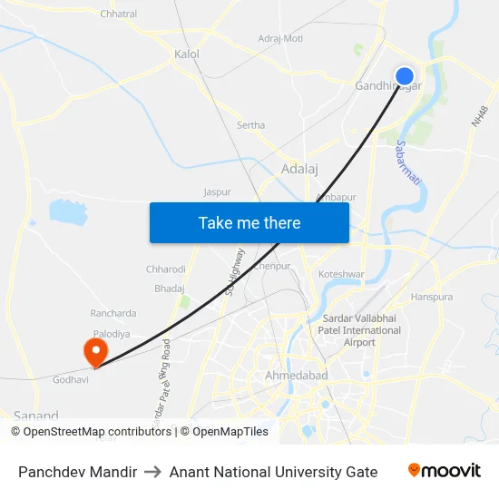 Panchdev Mandir to Anant National University Gate map