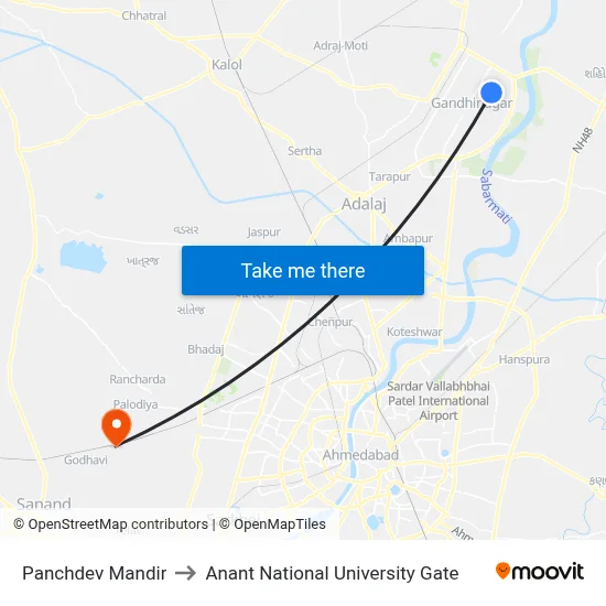 Panchdev Mandir to Anant National University Gate map