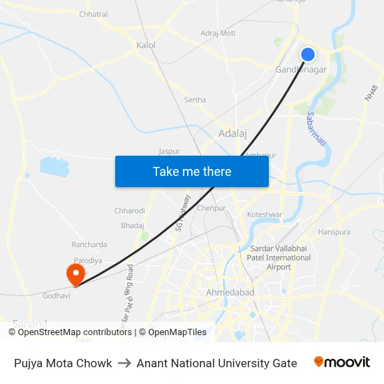 Pujya Mota Chowk to Anant National University Gate map