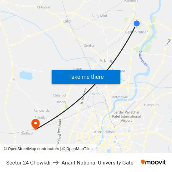 Sector 24 Chowkdi to Anant National University Gate map