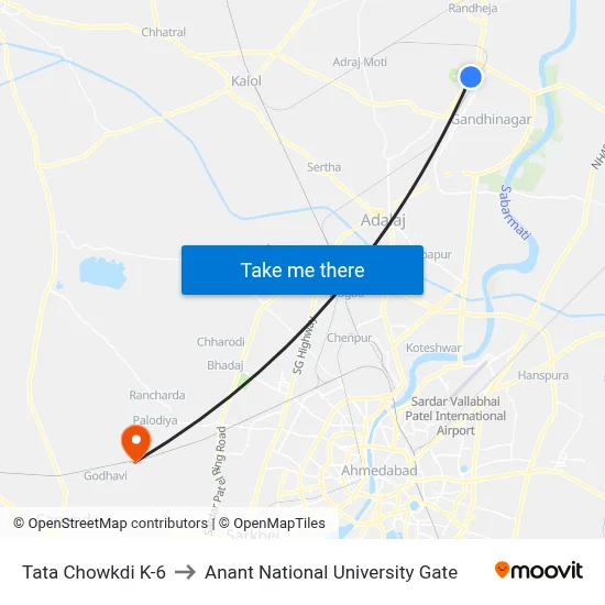 Tata Chowkdi K-6 to Anant National University Gate map