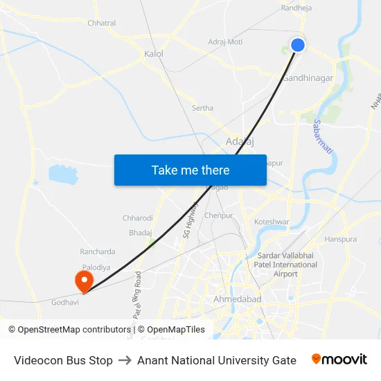 Videocon Bus Stop to Anant National University Gate map
