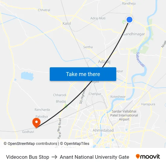 Videocon Bus Stop to Anant National University Gate map
