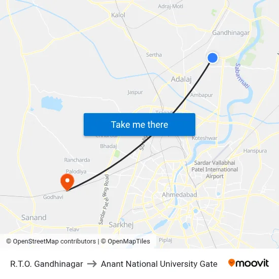 R.T.O. Gandhinagar to Anant National University Gate map