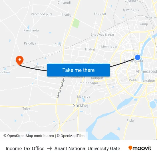 Income Tax Office to Anant National University Gate map