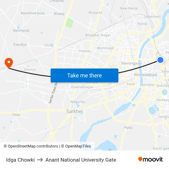 Idga Chowki to Anant National University Gate map