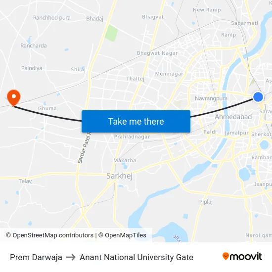 Prem Darwaja to Anant National University Gate map