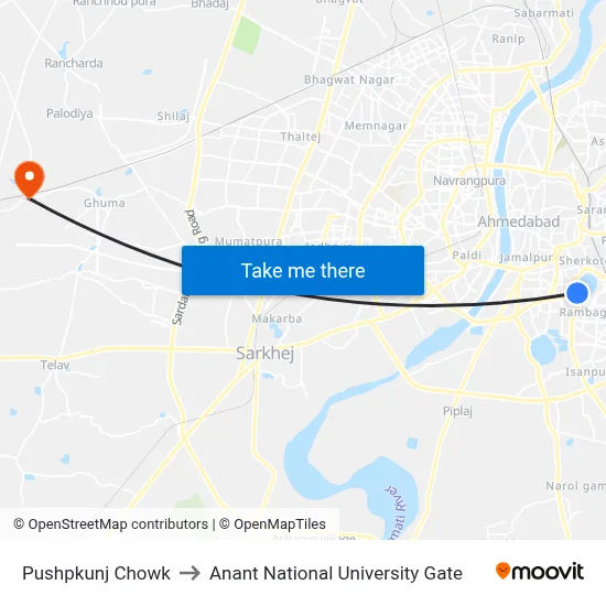Pushpkunj Chowk to Anant National University Gate map