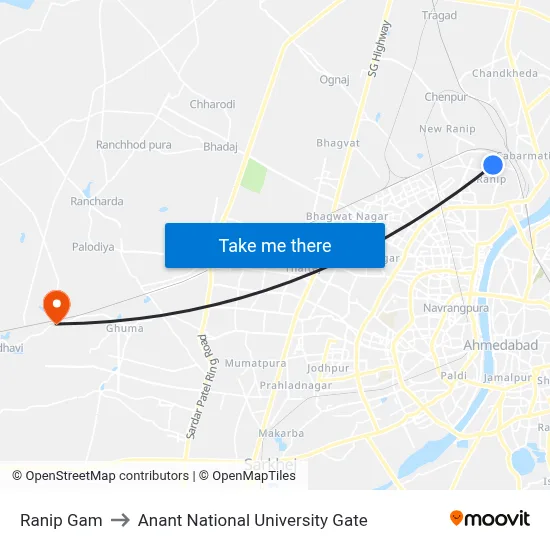 Ranip Gam to Anant National University Gate map