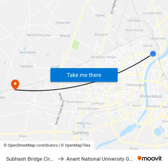 Subhash Bridge Circle to Anant National University Gate map