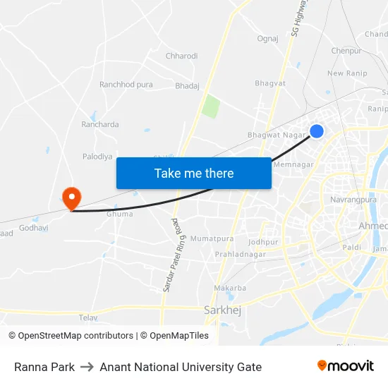 Ranna Park to Anant National University Gate map