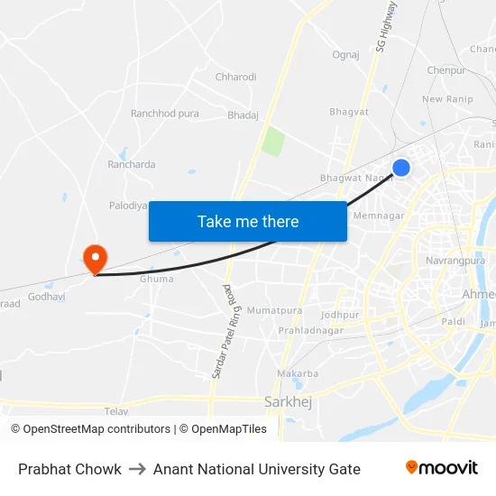 Prabhat Chowk to Anant National University Gate map