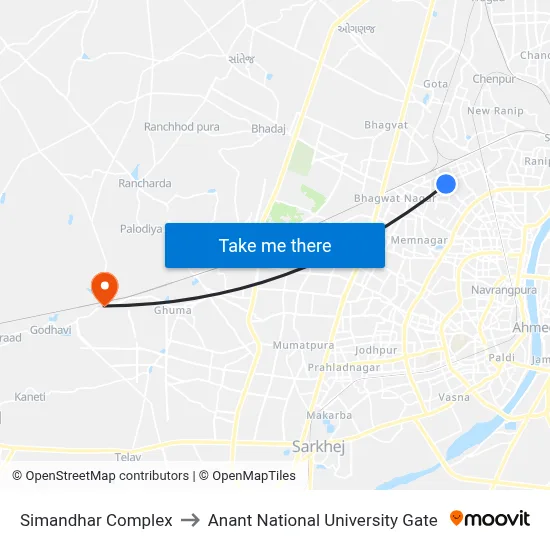 Simandhar Complex to Anant National University Gate map