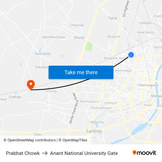 Prabhat Chowk to Anant National University Gate map