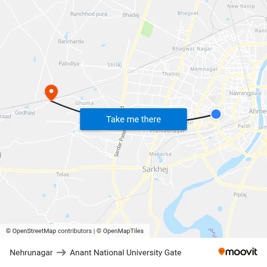 Nehrunagar to Anant National University Gate map
