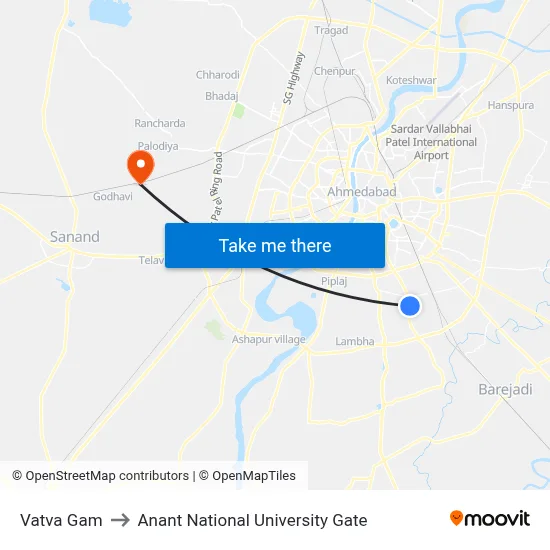 Vatva Gam to Anant National University Gate map