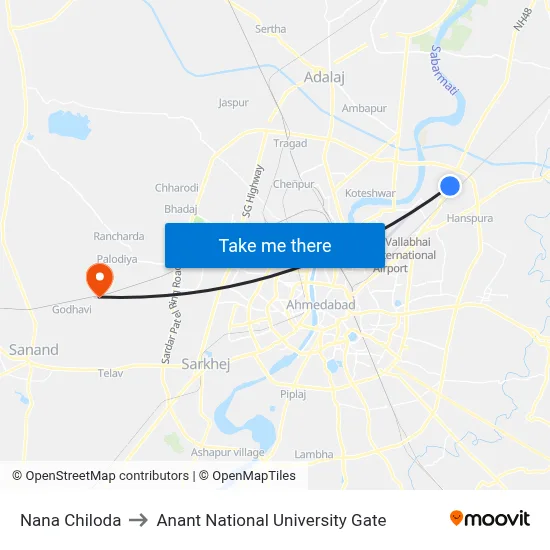 Nana Chiloda to Anant National University Gate map