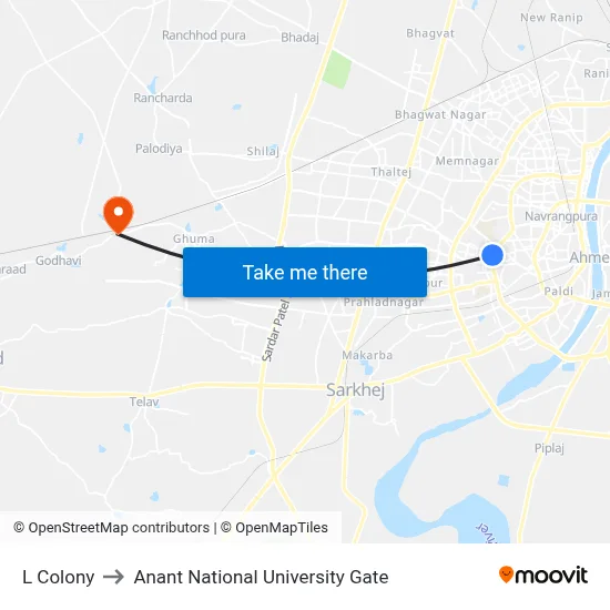 L Colony to Anant National University Gate map
