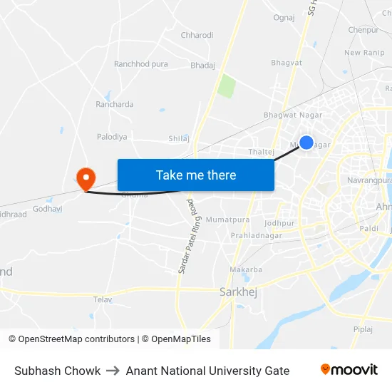 Subhash Chowk to Anant National University Gate map