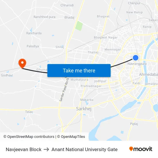 Navjeevan Block to Anant National University Gate map