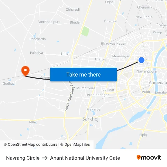Navrang Circle to Anant National University Gate map