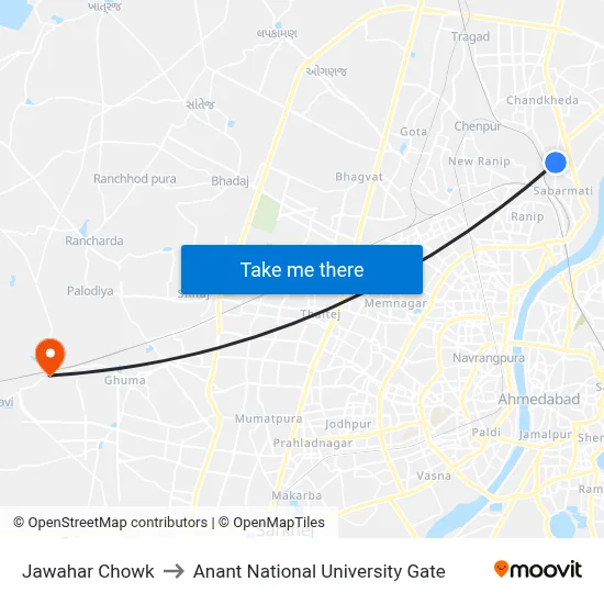 Jawahar Chowk to Anant National University Gate map