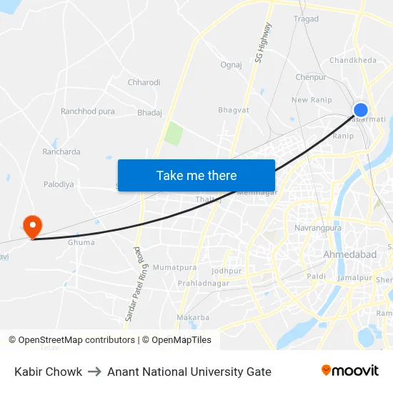 Kabir Chowk to Anant National University Gate map