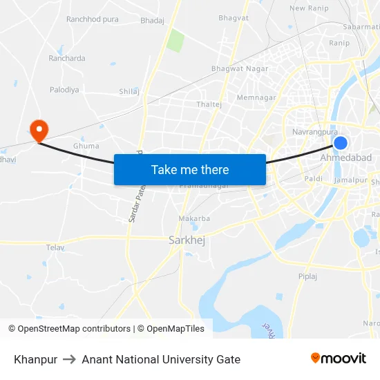 Khanpur to Anant National University Gate map