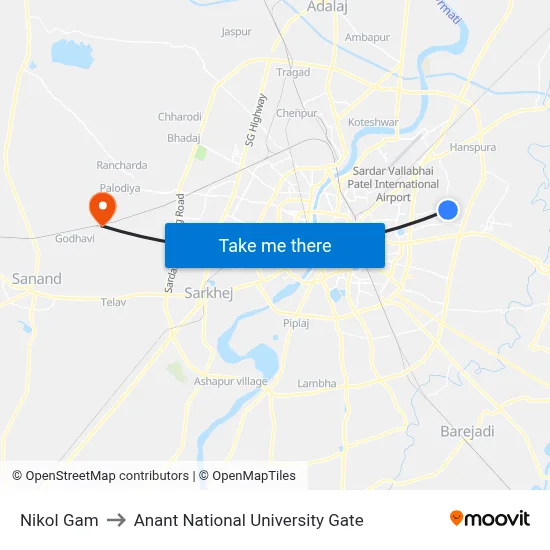 Nikol Gam to Anant National University Gate map
