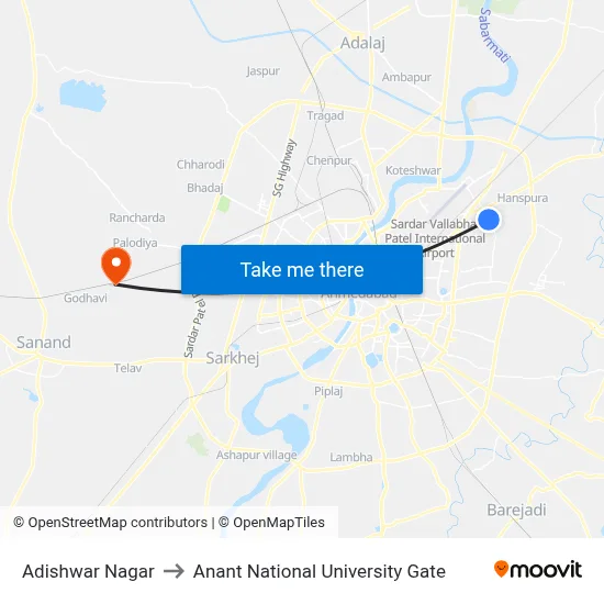 Adishwar Nagar to Anant National University Gate map