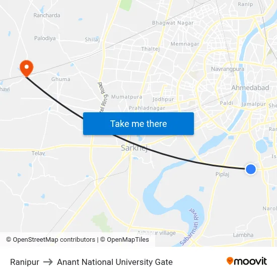Ranipur to Anant National University Gate map
