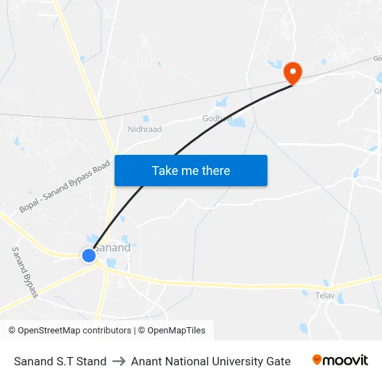 Sanand S.T Stand to Anant National University Gate map