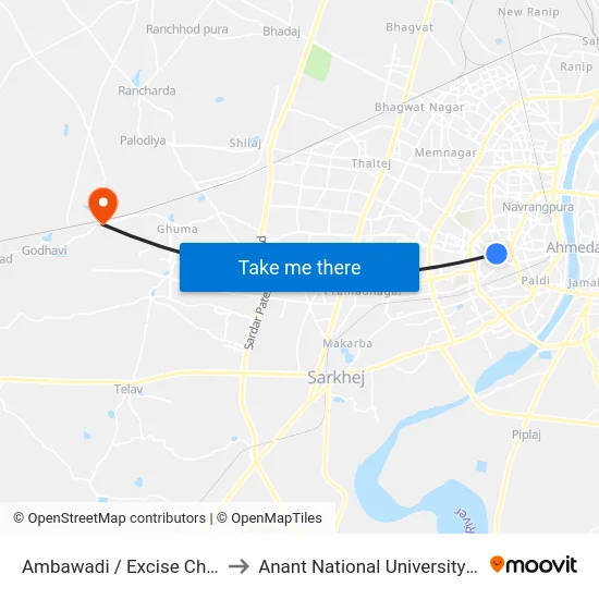 Ambawadi / Excise Chowki to Anant National University Gate map