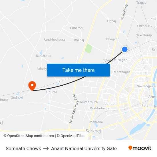 Somnath Chowk to Anant National University Gate map