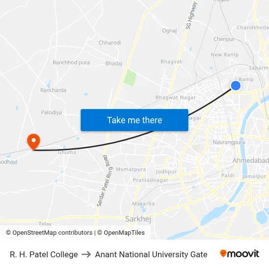 R. H. Patel College to Anant National University Gate map