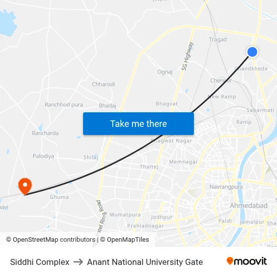 Siddhi Complex to Anant National University Gate map