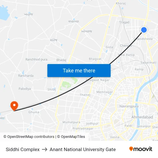 Siddhi Complex to Anant National University Gate map