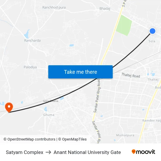 Satyam Complex to Anant National University Gate map