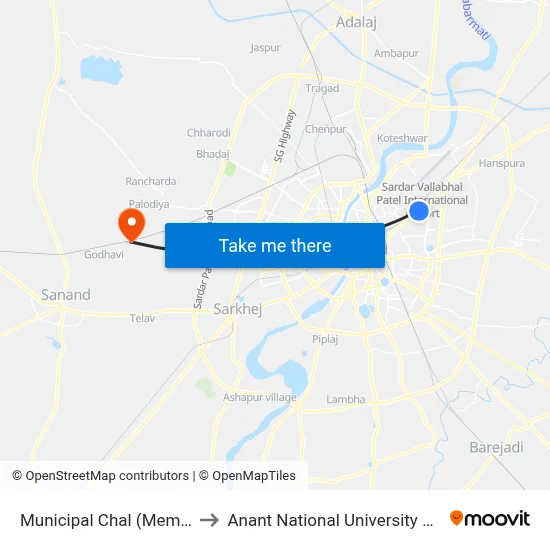 Municipal Chal (Memco) to Anant National University Gate map