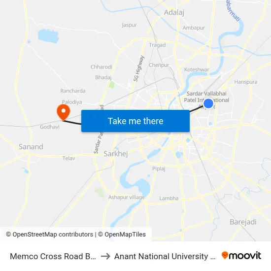 Memco Cross Road BRTS to Anant National University Gate map