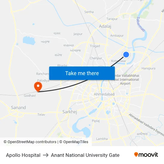 Apollo Hospital to Anant National University Gate map
