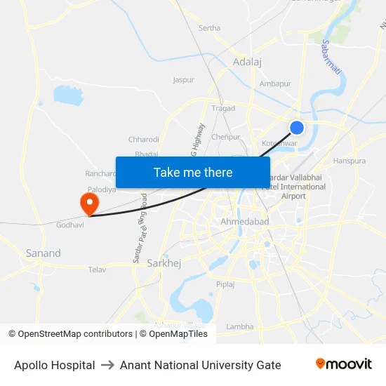 Apollo Hospital to Anant National University Gate map