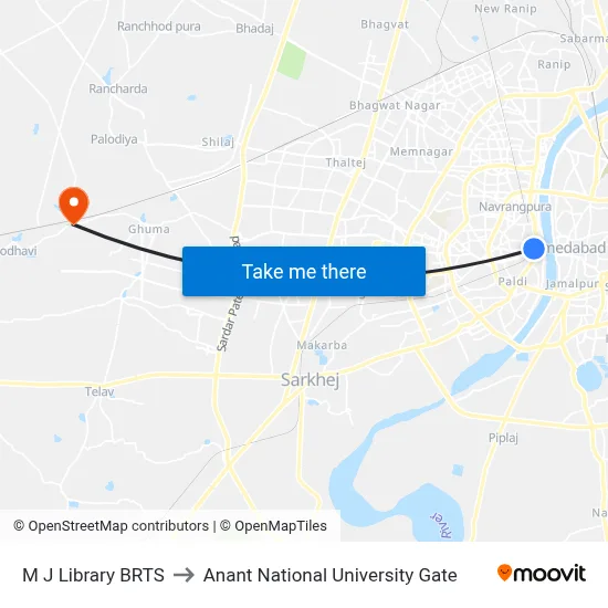 M J Library BRTS to Anant National University Gate map