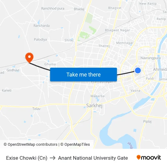 Exise Chowki (Cn) to Anant National University Gate map