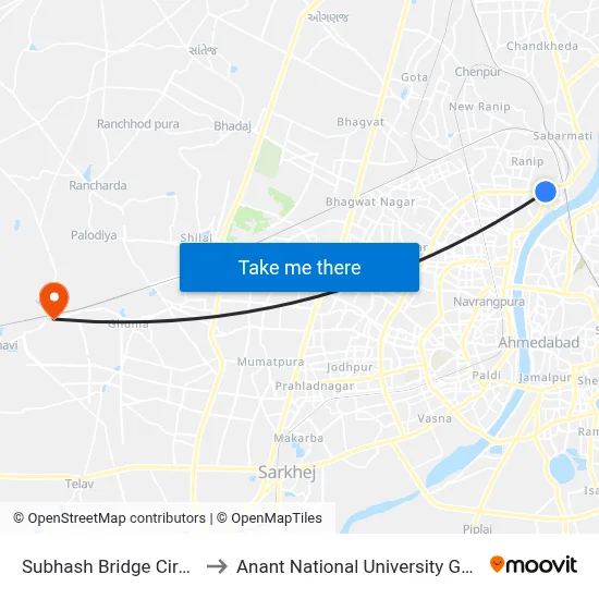 Subhash Bridge Circle to Anant National University Gate map